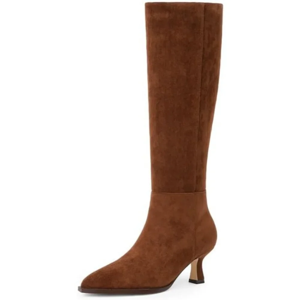 Women's Brown Suede Kitten Low Heel Toe Side Zipper Long Tall Knee High Boots